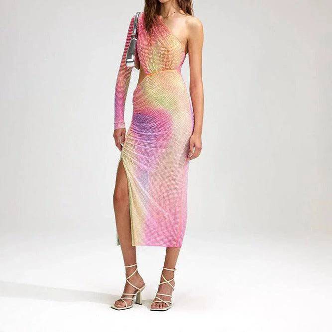 Glenda One Shoulder Cut Out Rainbow Midi Dress - Hot fashionista