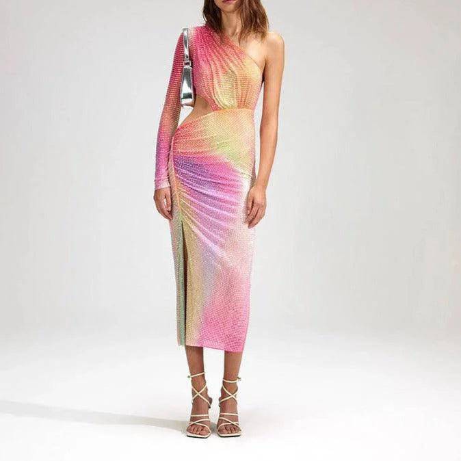 Glenda One Shoulder Cut Out Rainbow Midi Dress - Hot fashionista