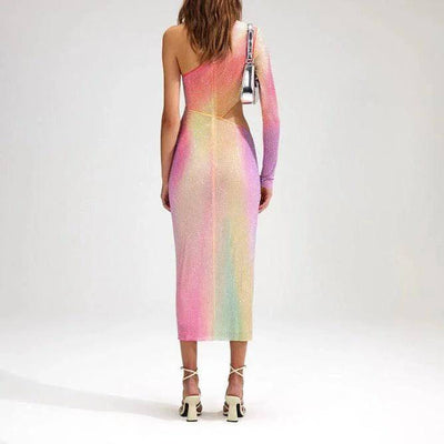 Glenda One Shoulder Cut Out Rainbow Midi Dress