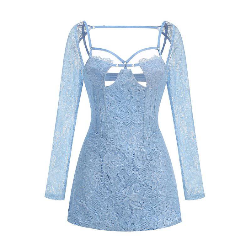 Greta Long Sleeve Strappy Lace Bustier Mini Dress - Hot fashionista