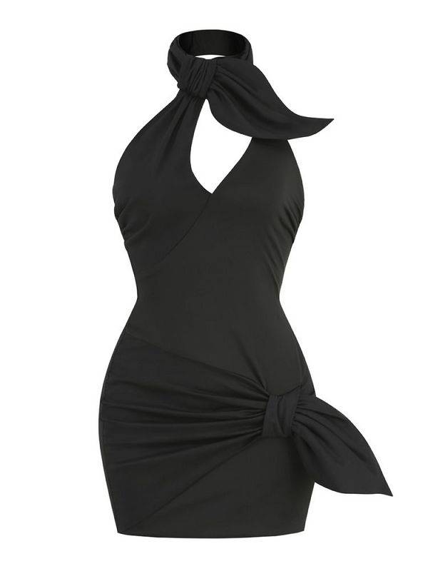 Hayley Halter Neck Strap Draped Bow Mini Dress - Hot fashionista