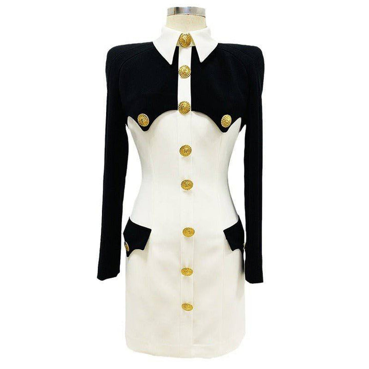 Jaycee Long Sleeve Gold Buttons Detail Two Toned Mini Dress - Hot fashionista