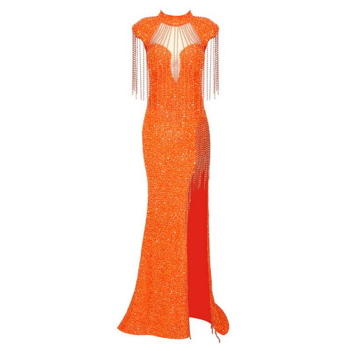 Jeremie High Neck Stones Mesh Maxi Dress - Hot fashionista