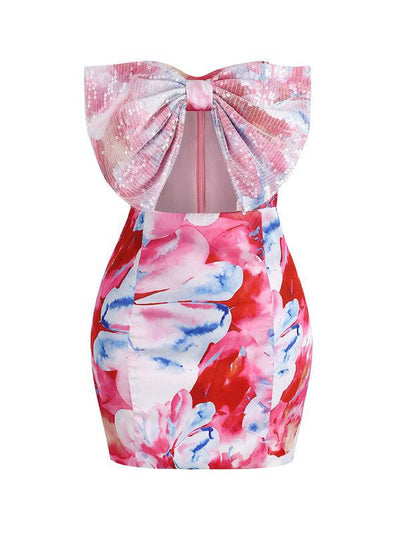 Judith Bow Tie Front Strapless Floral Mini Dress