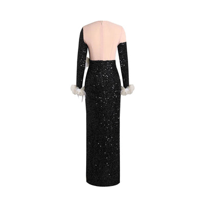 Robe longue dos nu à paillettes et manches longues Karen