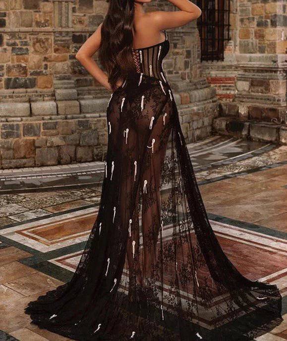 Kate Lace Crystal Tassels See-through Maxi Dress - Hot fashionista