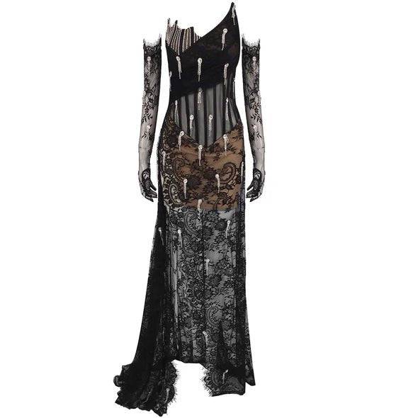 Kate Lace Crystal Tassels See-through Maxi Dress - Hot fashionista