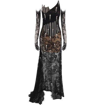 Kate Lace Crystal Tassels See-through Maxi Dress