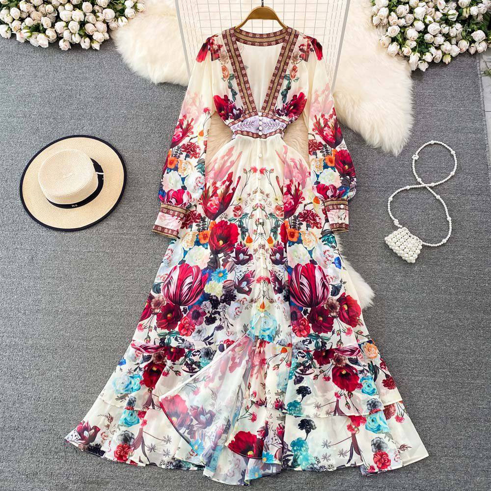 Kathy Long Sleeve Deep V-Neck Chiffon Floral Maxi Dress - Hot fashionista