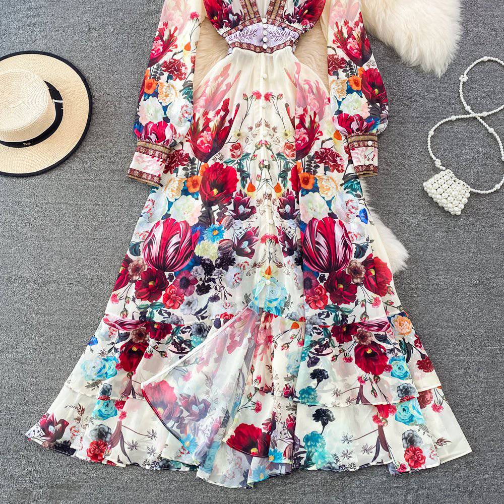 Kathy Long Sleeve Deep V-Neck Chiffon Floral Maxi Dress - Hot fashionista