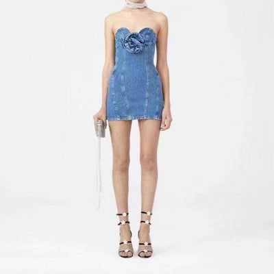 Kaylee Strapless Floral Applique Denim Mini Dress