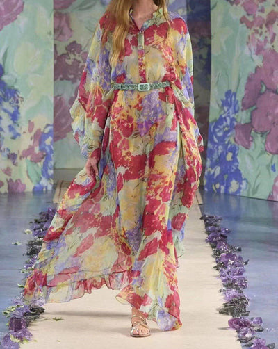 Robe longue à imprimé d'automne à manches lanternes Lanna