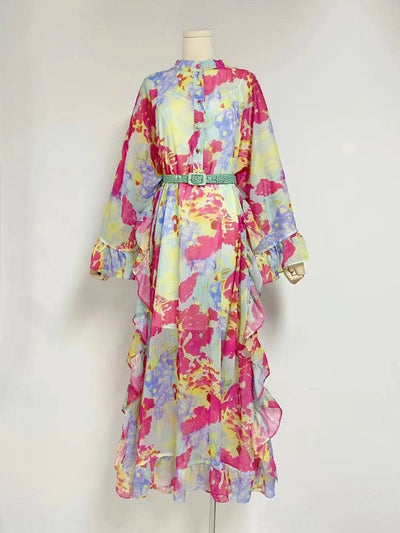 Robe longue à imprimé d'automne à manches lanternes Lanna