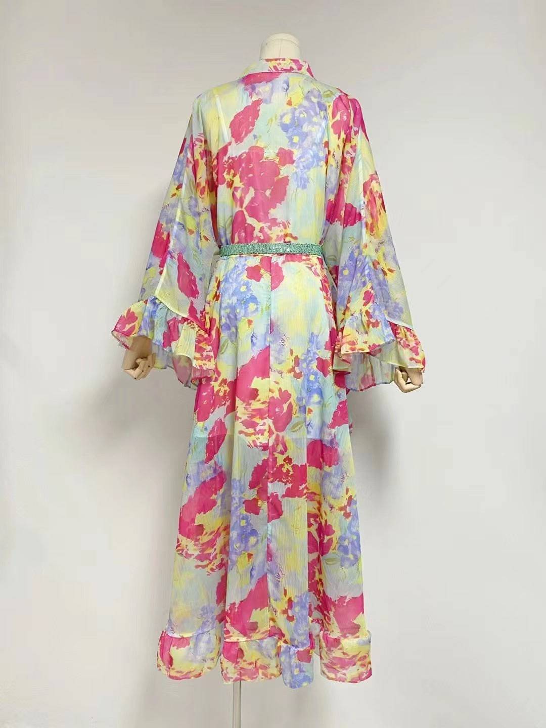 Robe longue à imprimé d'automne à manches lanternes Lanna