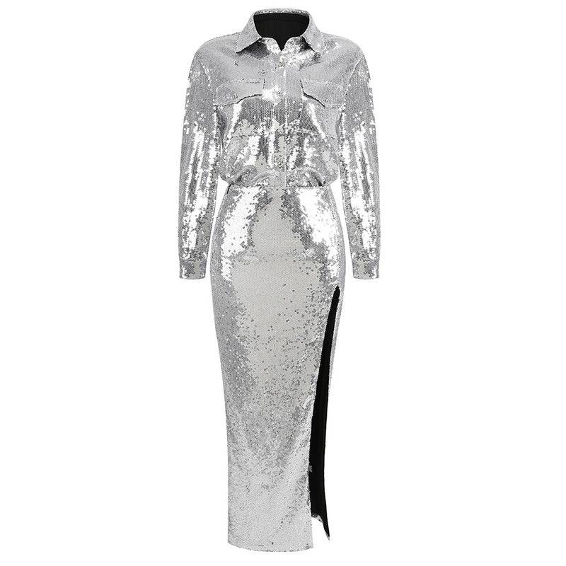 Robe longue deux pièces à sequins et manches longues Linda