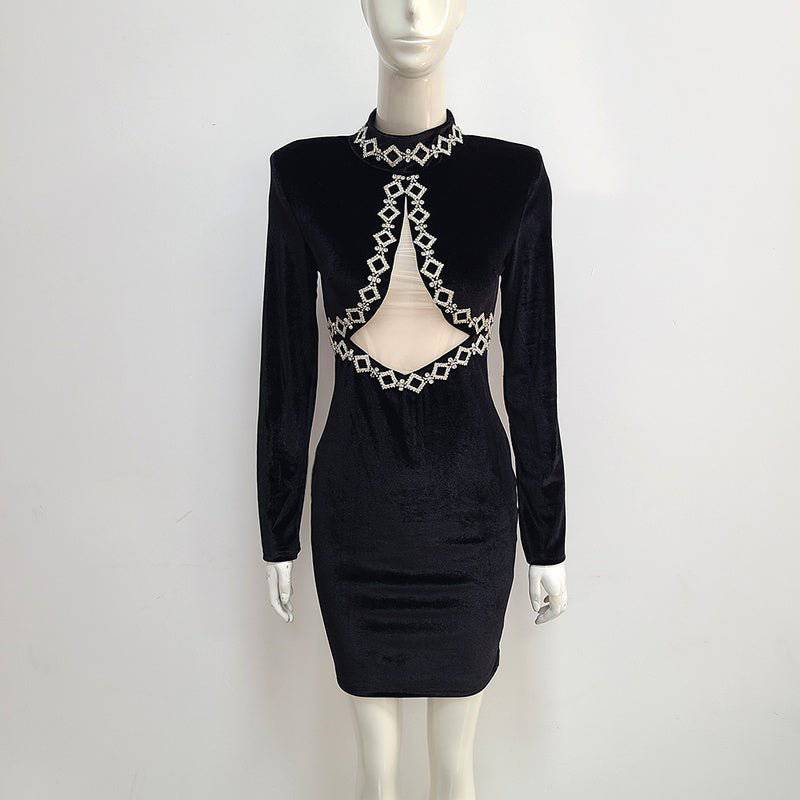 Lucille Long Sleeve Crystal Embellished Velvet Mini Dress - Hot fashionista