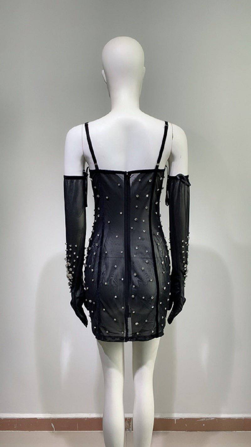 Robe bustier courte en maille à bretelles spaghetti et cristaux Lucy 