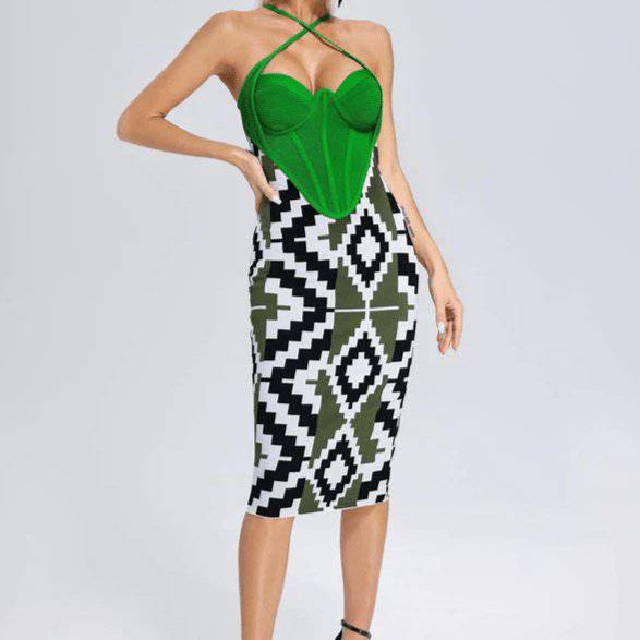 Marsha Cross Neck Corset Geometry Bandage Midi Dress - Hot fashionista