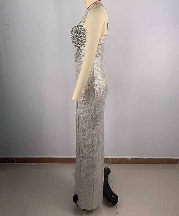 Mary Rhinestone High Slit Cut Out Maxi Dress