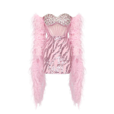 Robe mini bustier corset à paillettes en cristal Mercina avec châle en plumes