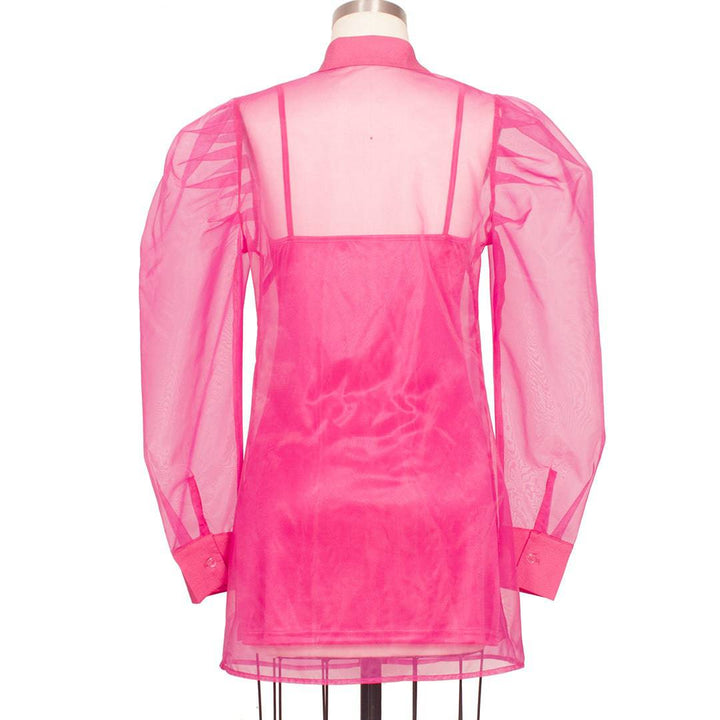 Meri Hot Pink Puff Shoulder Organza Shirt Mini Dress - Hot fashionista