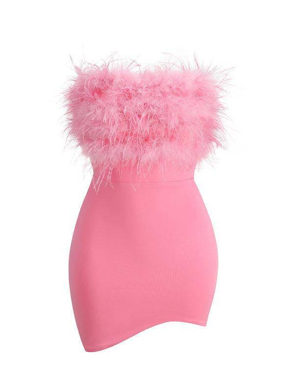 Michelle Strapless Faux Fur Asymmetric Hem Mini Dress