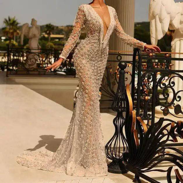 Minnie Long Sleeve Deep V Neck See Through Maxi Dress - Hot fashionista