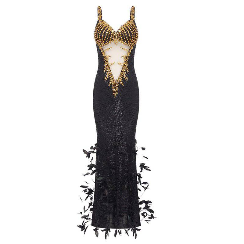 Miriam Sleeveless Crystal Feather Sequin Maxi Dress - Hot fashionista