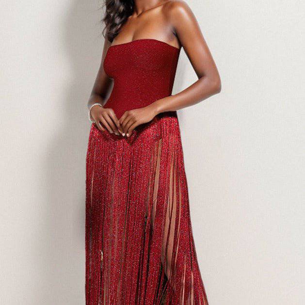 Montie Strapless Tassle Hem Midi Dress - Hot fashionista