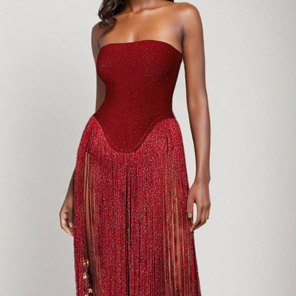 Montie Strapless Tassle Hem Midi Dress