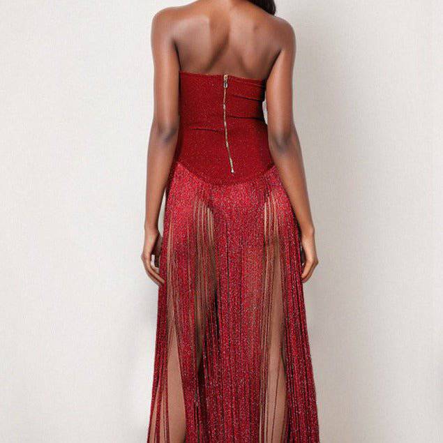 Montie Strapless Tassle Hem Midi Dress