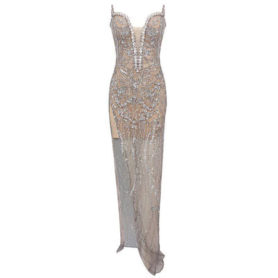 Robe longue bustier à fente haute et perles de cristal Nancy