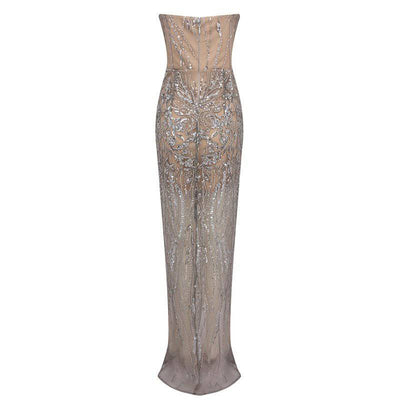 Nancy Strapless Crystal Beads High Slit Maxi Dress