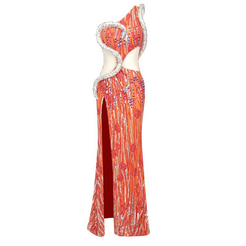 Natalia One Shoulder Sequin Waist Cutout Mesh Maxi Dress Color - Hot fashionista