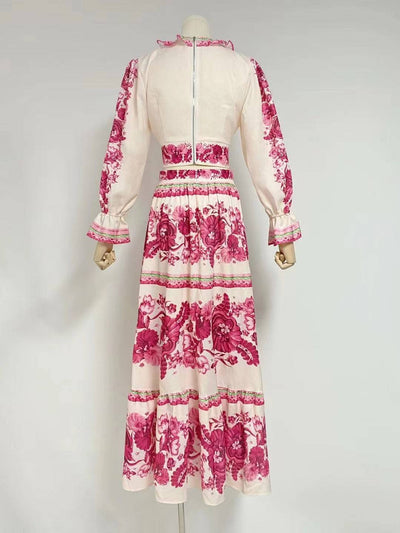 Robe longue Neely à volants épissés et manches lanternes et col en V