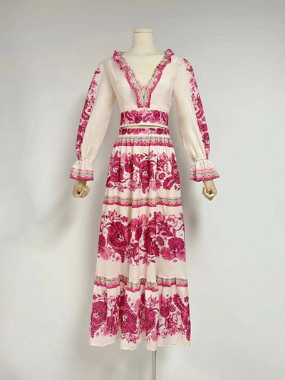 Robe longue Neely à volants épissés et manches lanternes et col en V