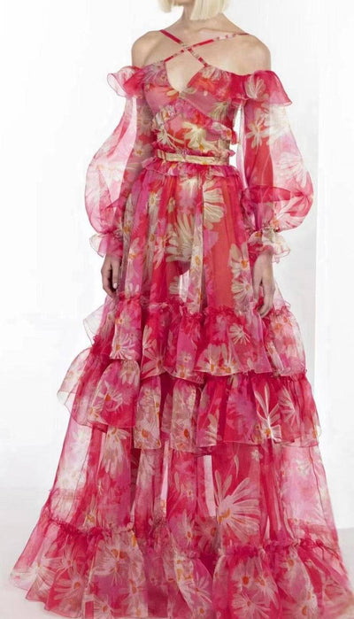 Robe longue à volants en organza de soie à fleurs et épaules dénudées Norabel