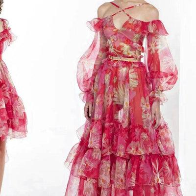 Robe longue à volants en organza de soie à fleurs et épaules dénudées Norabel