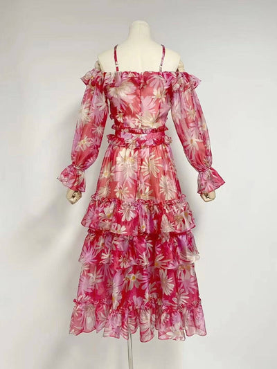 Robe longue à volants en organza de soie à fleurs et épaules dénudées Norabel