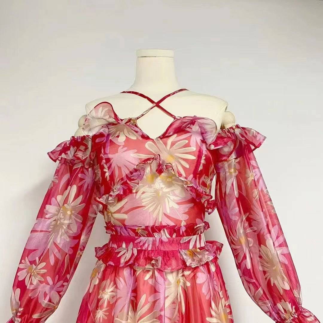 Robe longue à volants en organza de soie à fleurs et épaules dénudées Norabel