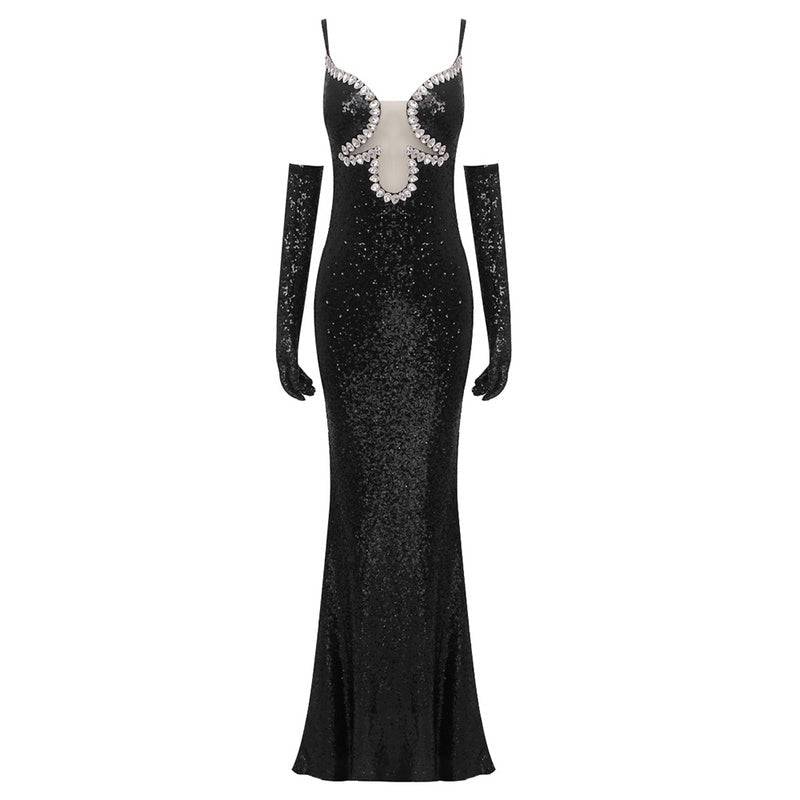 Robe longue à paillettes et strass avec col en cœur et perles