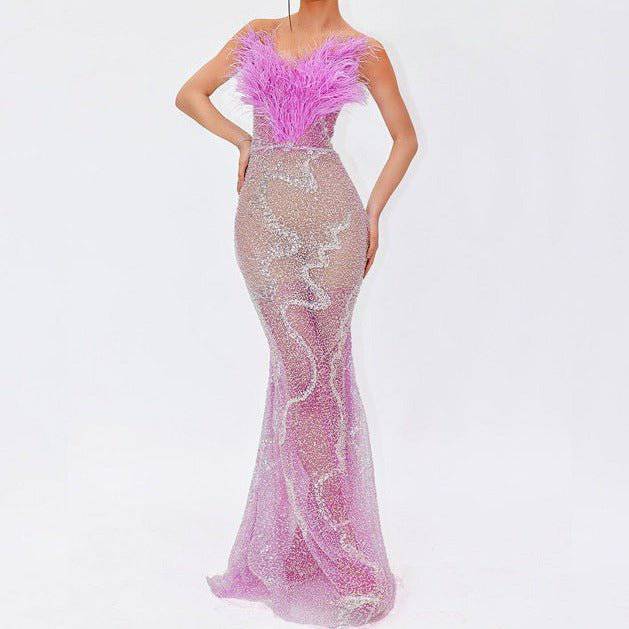 Peggy Strapless Sequins Feather Maxi Dress