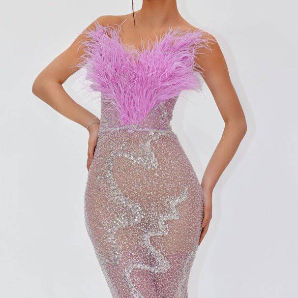 Robe longue bustier à paillettes et plumes Peggy