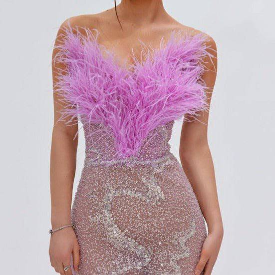 Robe longue bustier à paillettes et plumes Peggy