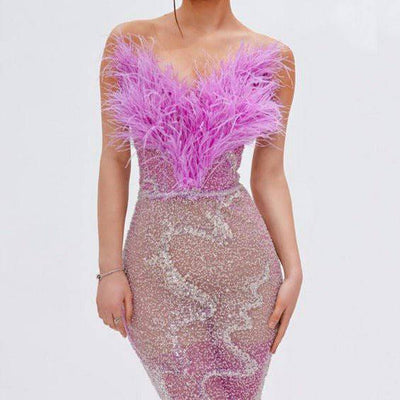 Robe longue bustier à paillettes et plumes Peggy