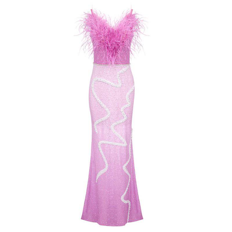 Robe longue bustier à paillettes et plumes Peggy