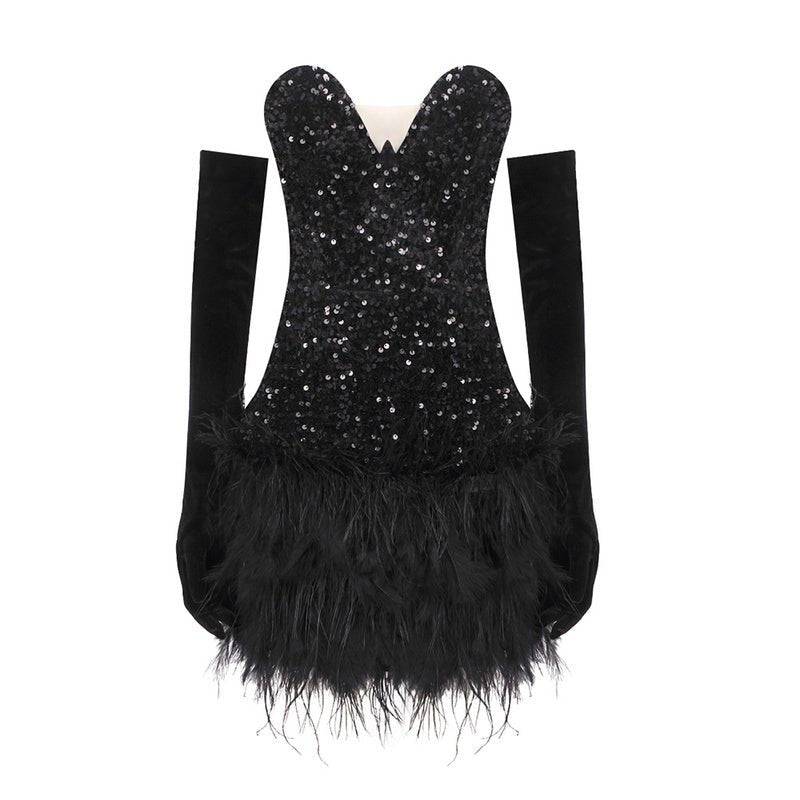 Rosie Sweetheart Neck Sequins Feather Hem Mini Dress - Hot fashionista