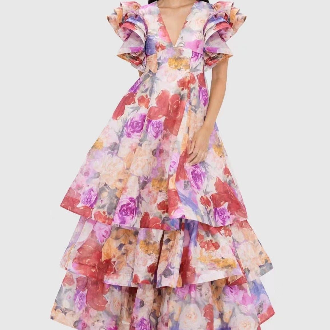 Sasha V-Neck Floral Layered Maxi Dress