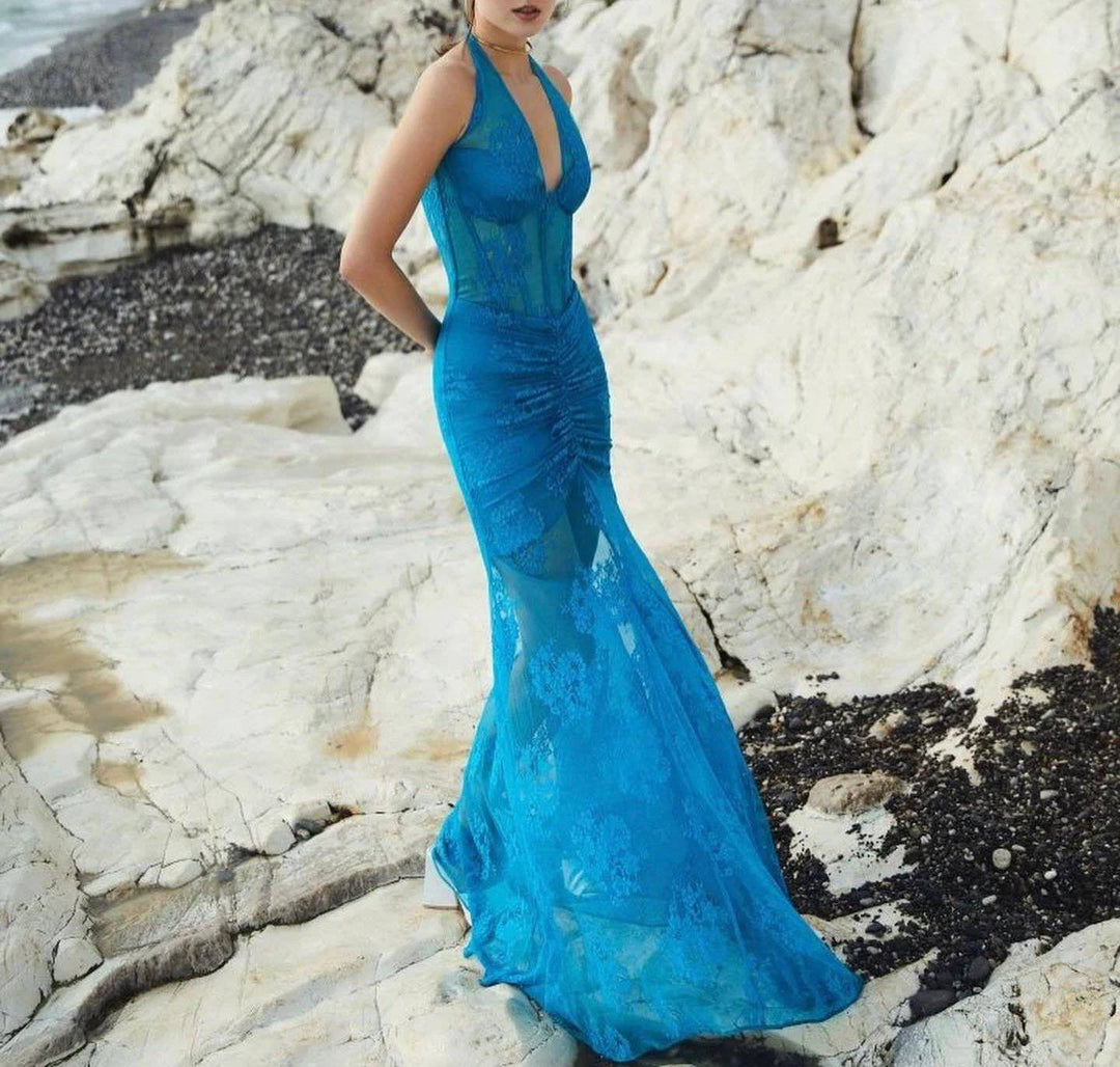 Satin Halter Bustier Lace Mermaid Maxi Dress - Hot fashionista