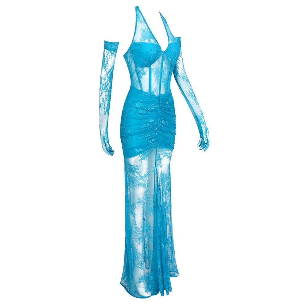 Satin Halter Bustier Lace Mermaid Maxi Dress - Hot fashionista